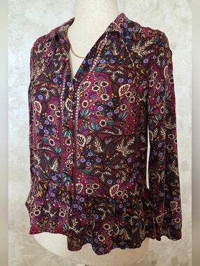 Maeve Anthropologie Floral Boho Peplum Blouse Size 2 Burgundy Button Front Top